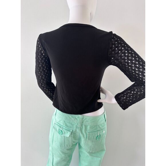 Y2K Black Cardigan Top with Sheer Crochet Sleeves & Mint Floral Appliqué size S - Picture 2 of 6